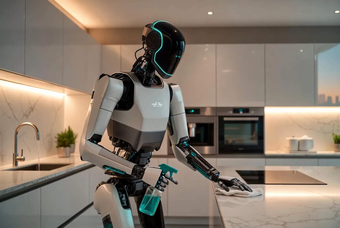 A robot cleaning a modern kitchen